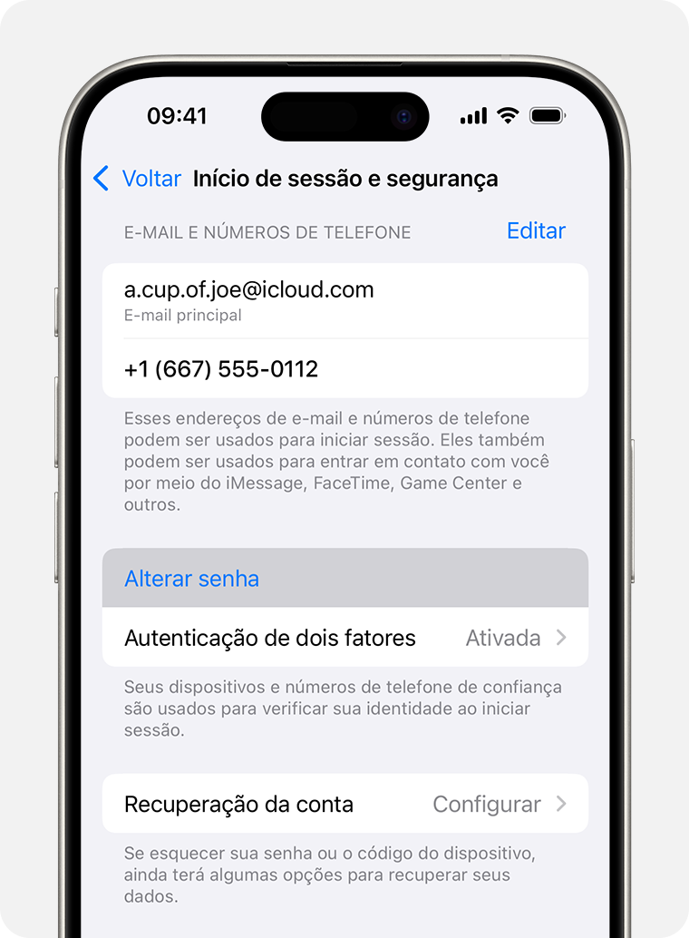 iPhone mostrando os ajustes de Início de Sessão e Segurança e a opção Alterar senha