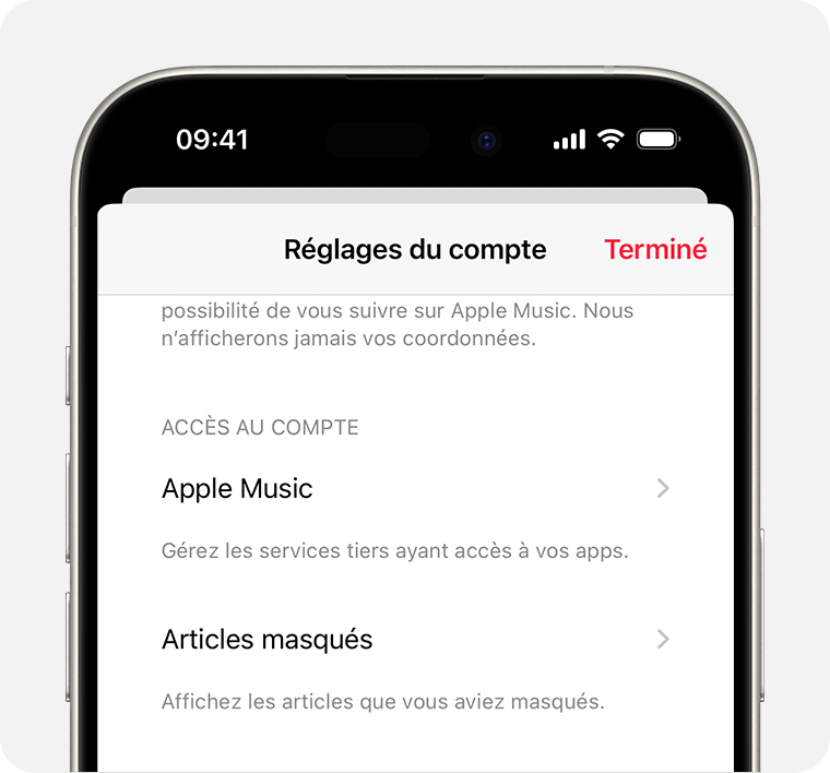 Un iPhone affichant l’écran Paramètres du compte dans Apple Music. L’option Achats masqués se trouve au milieu de l’écran.
