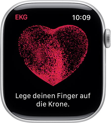 Eine Apple Watch, die dich auffordert, den Finger für eine EKG-Messung auf die Crown zu legen.