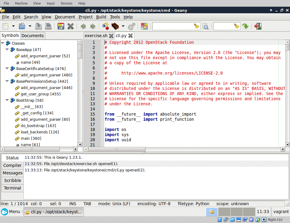 Geany with keystone code loaded geany