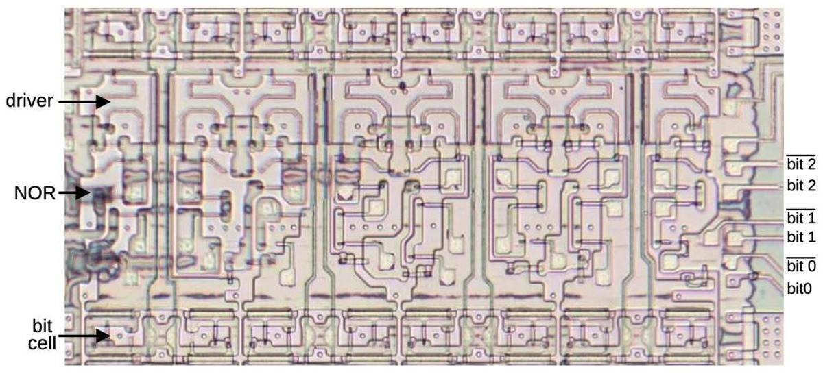 В схеме декодера восемь похожих блоков, управляющих восемью линиями выбора. The decoder circuitry has eight similar blocks to drive the eight select lines.