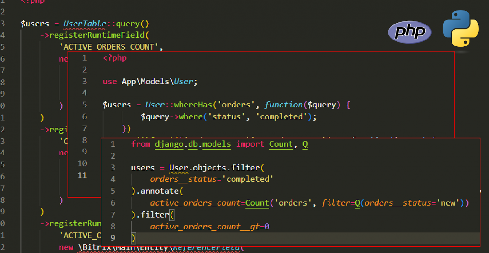 Примеры использования запросов ORM Битрикс, Laravel и Django. Примеры использования запросов ORM Битрикс, Laravel и Django.