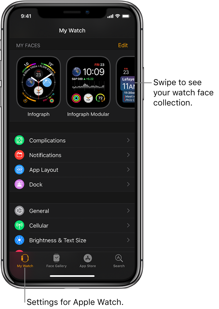 The Apple Watch app on iPhone open to the My Watch screen, which shows your watch faces near the top, and settings below. There are four tabs at the bottom of the Apple Watch app screen: the left tab is My Watch, where you go for Apple Watch settings; next is the Face Gallery, where you can explore available watch faces and complications; then the App Store, where you can download apps for Apple Watch; and Search, where you can find apps in the App Store.