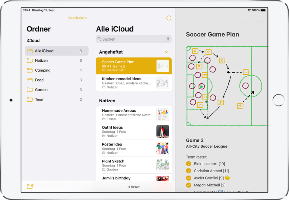 Die Liste der Notizen mit dem Suchfeld oben in der Mitte.