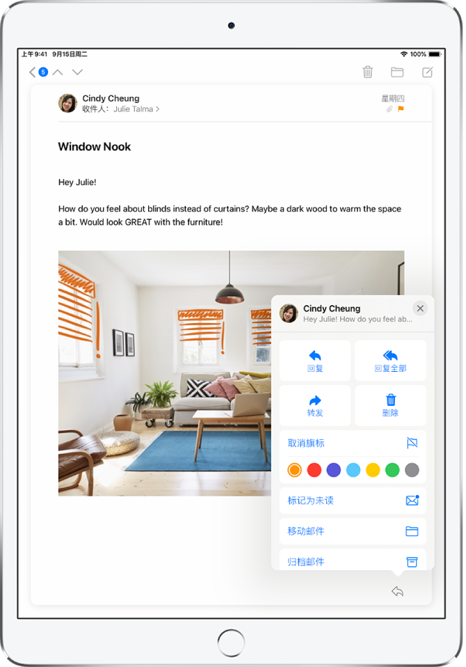 右下方显示回复选项的电子邮件。这些选项下方是旗标的颜色选择。