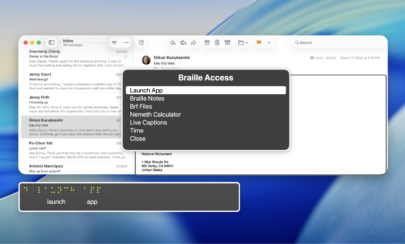 Na ploche je otvorená emailová apka. Zobrazuje sa ponuka Braillovský prístup a Braillov panel, kurzor sa nachádza nad položkou Spustiť apku.