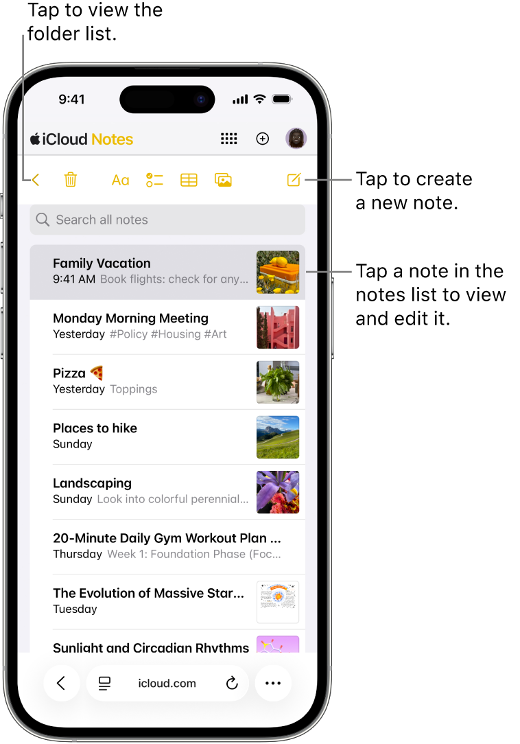 En åben noteliste på iCloud.com på en telefon.
