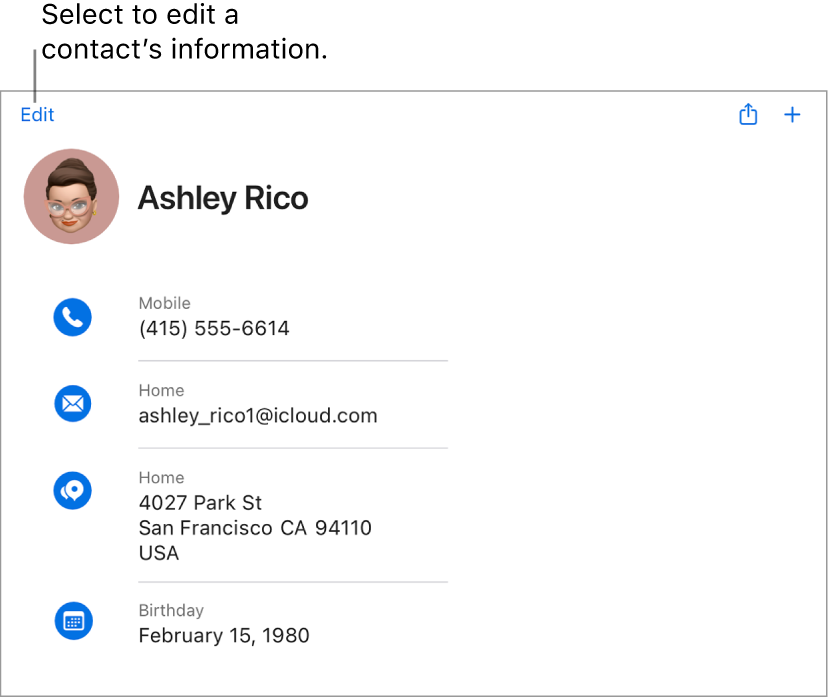 Una tarjeta de contacto en iCloud.com que muestra información de una persona, incluido un número de teléfono, una dirección de correo electrónico, una dirección particular y una fecha de nacimiento, así como un botón para editar estos campos.