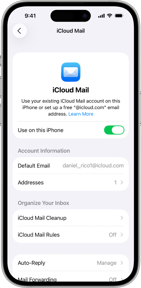 La schermata di Mail nelle impostazioni di iCloud. Utilizza su questo iPhone è attivo.