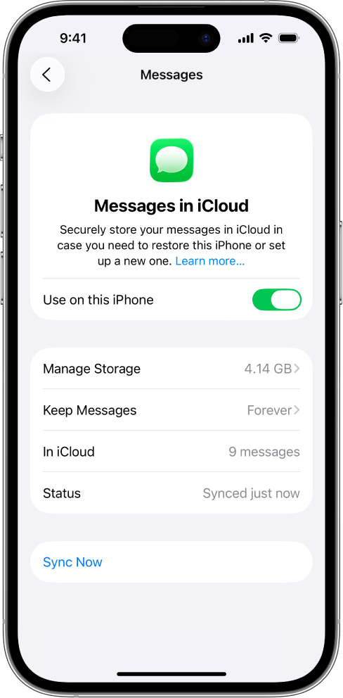 La schermata Messaggi nelle impostazioni di iCloud. Sincronizza questo iPhone è attivo.