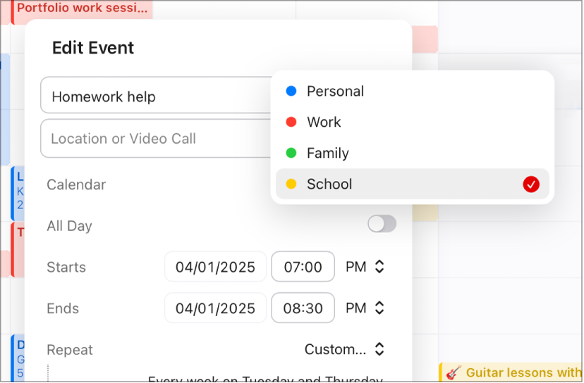 Un evento abierto con el menú desplegable Calendario abierto junto al nombre del evento.