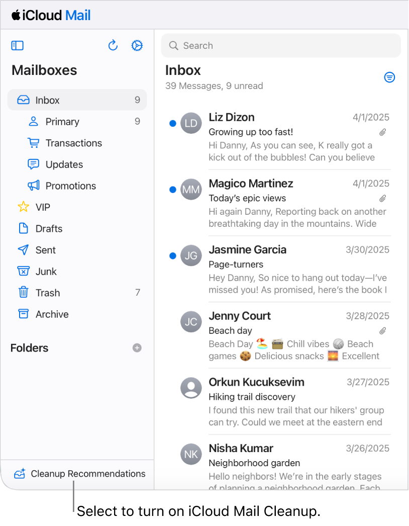 Tombol Rekomendasi Pembersihan di bagian bawah daftar Kotak Mail.