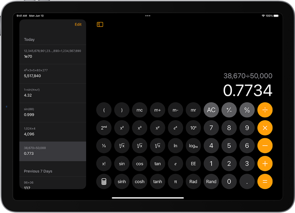 The calculation history on the left of Calculator on iPad.