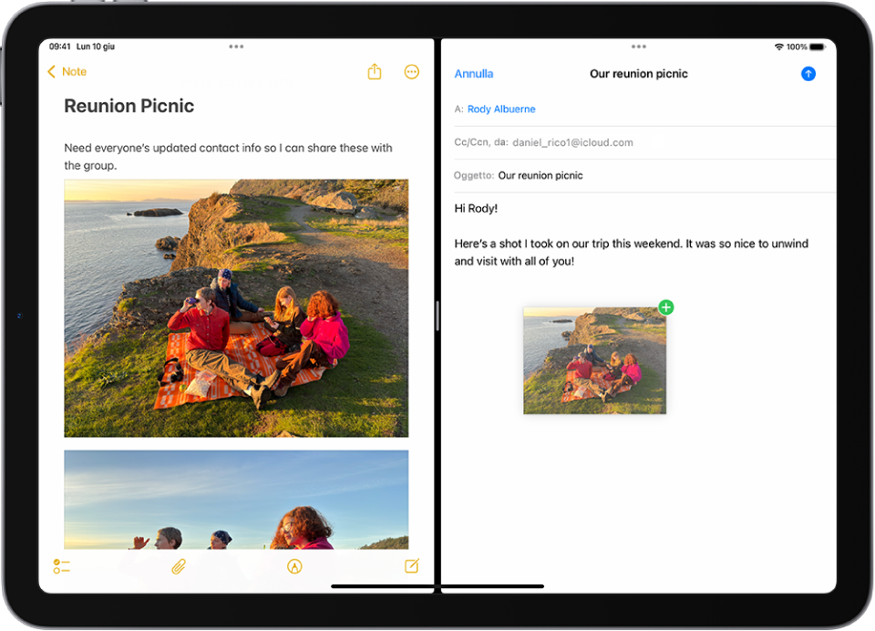 Una visualizzazione Split View con Note sulla sinistra e un’email sulla destra. Una fotografia da Note viene trascinata nell’email.