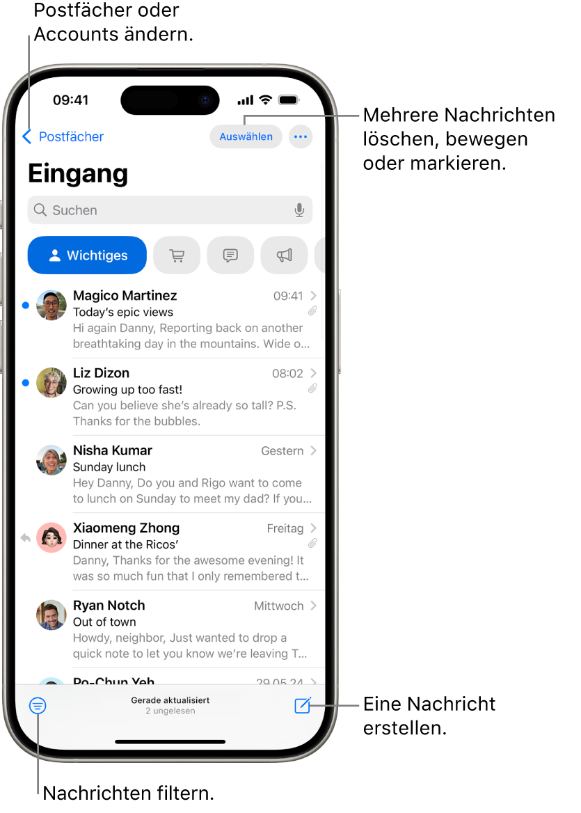 Der Posteingang der App „Mail“ mit einer Liste von E-Mails.
