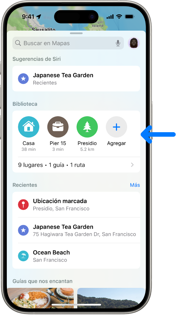 La app Mapas mostrando marcadores en la biblioteca, las búsquedas recientes y las guías recomendadas.