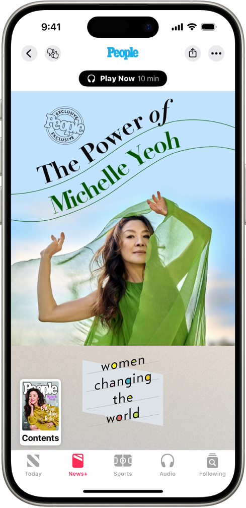 Apple News+ 的雜誌報導,左下角帶有雜誌縮覽圖,底部有一排標籤頁(顯示已選取 News+)。