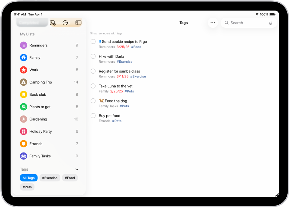Die App „Erinnerungen“ mit mehreren Listen und der Tag-Übersicht auf der linken Seite. Rechts befindet sich eine Liste mit allen Objekten mit Tags.