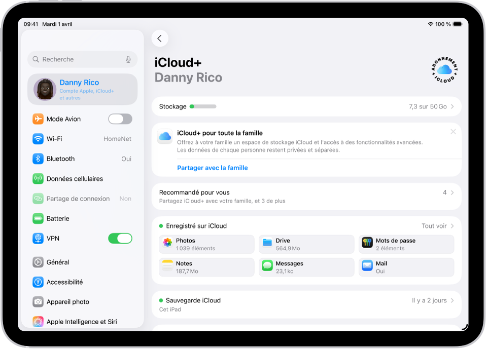 L’écran des réglages iCloud montrant l’indicateur d’espace de stockage d’iCloud et une liste d’apps et de fonctionnalités pouvant être utilisées avec iCloud, notamment Photos, iCloud Drive et Mail iCloud.
