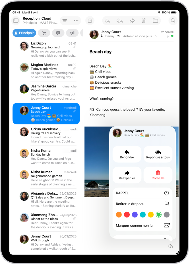 Un e-mail ouvert. Le menu avec les options permettant d’ajouter ou de supprimer un drapeau est affiché à droite.