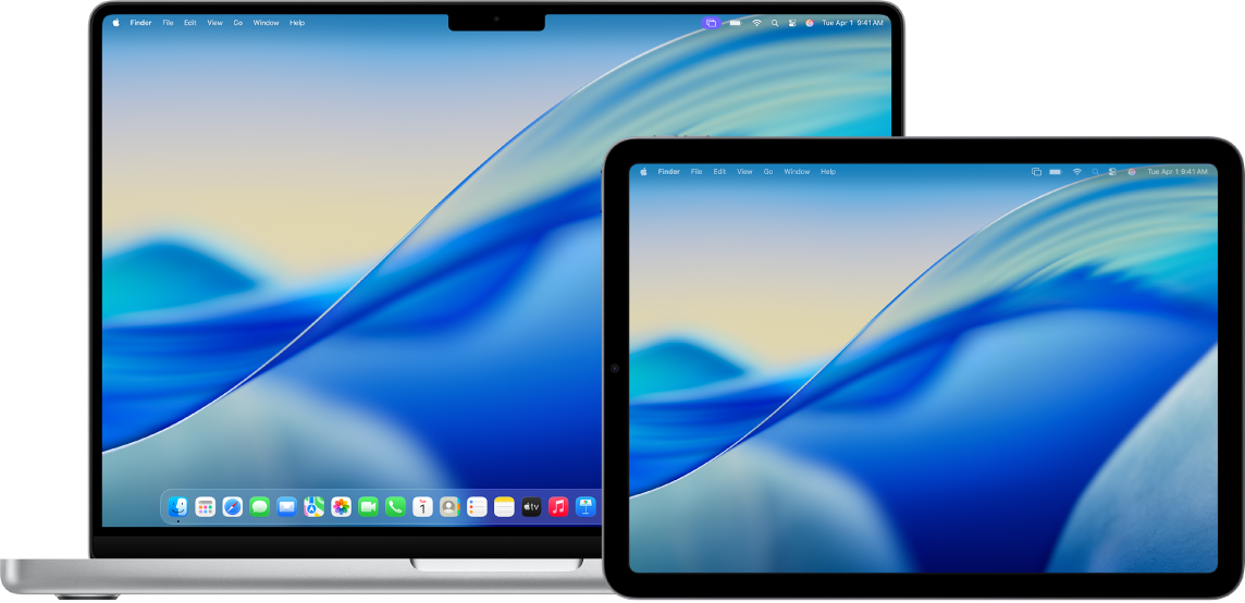 Bir iPad ekranının yanındaki Mac ekranı. Her iki ekran da bir fotoğraf düzenleme uygulaması penceresini gösteriyor.