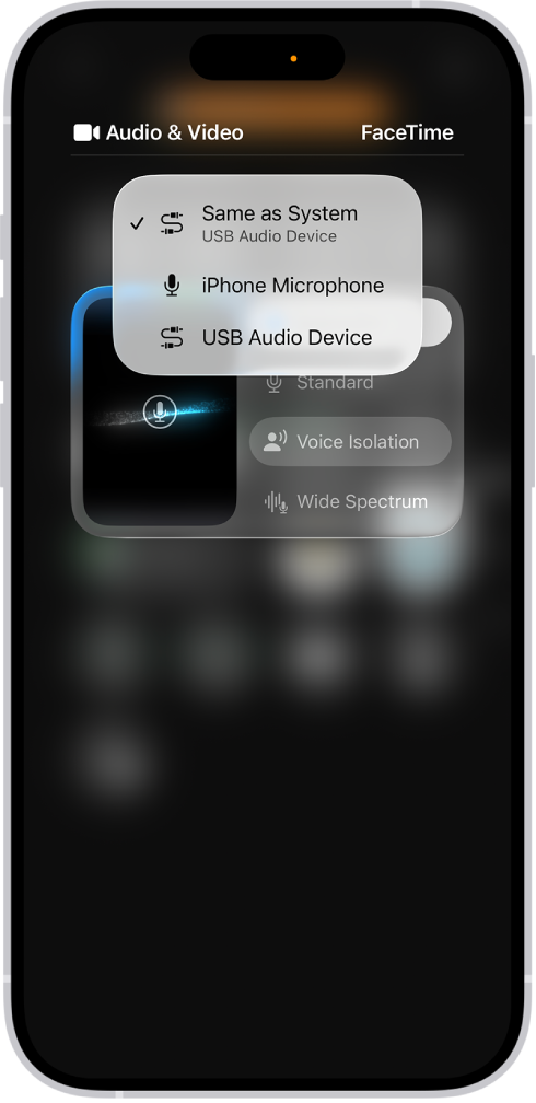 V nabídce v Ovládacím centru se zobrazují volby vstupního zdroje pro nahrávání vaší strany videokonference