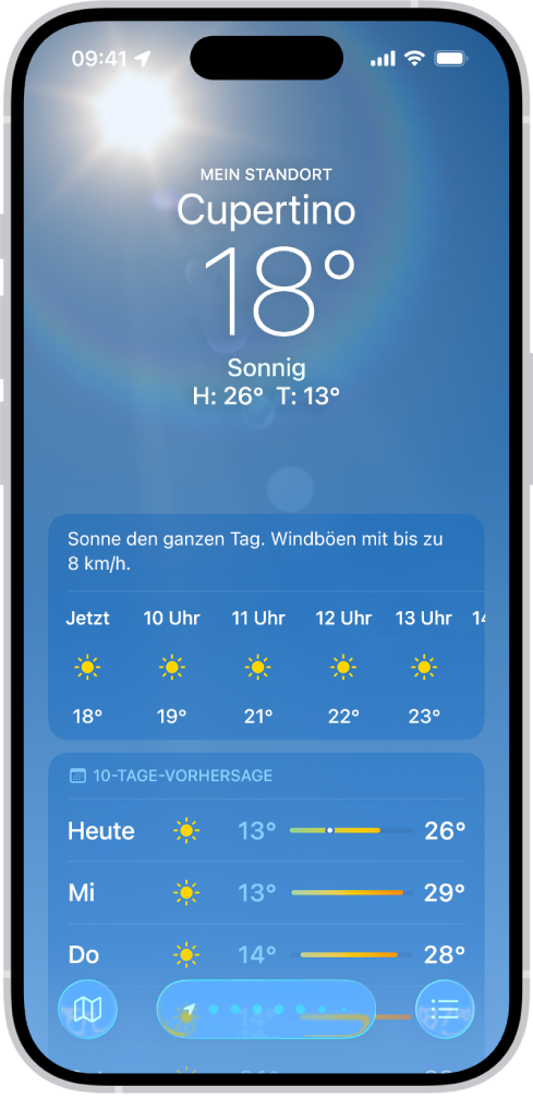 Die App „Wetter“ zeigt von oben nach unten Folgendes: der Ort, die aktuelle Temperatur, die Höchst- und Tiefsttemperatur des Tages, die stündliche Vorhersage und die ersten paar Tage einer 10-Tage-Vorhersage. Die Anzahl der Punkte am unteren Bildschirmrand stehen für die Anzahl der Orte in der Ortsliste. Unten rechts befindet sich die Taste „Ortsliste“ und unten links ist die Taste „Karte einblenden“.