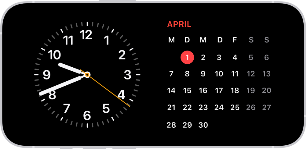 Das iPhone ist horizontal gedreht. Auf der linken Seite des Bildschirms wird eine Uhr und auf der rechten Seite wird das Datum angezeigt.
