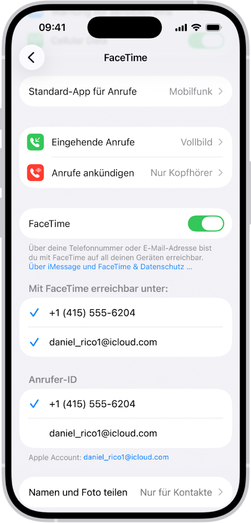 Der Bildschirm „Einstellungen“ in FaceTime mit der Option „Standard-App für Anrufe“, dem Steuerelement zum Aktivieren und Deaktivieren von FaceTime sowie der Telefonnummer und E-Mail-Adresse, über die du erreicht werden kannst.