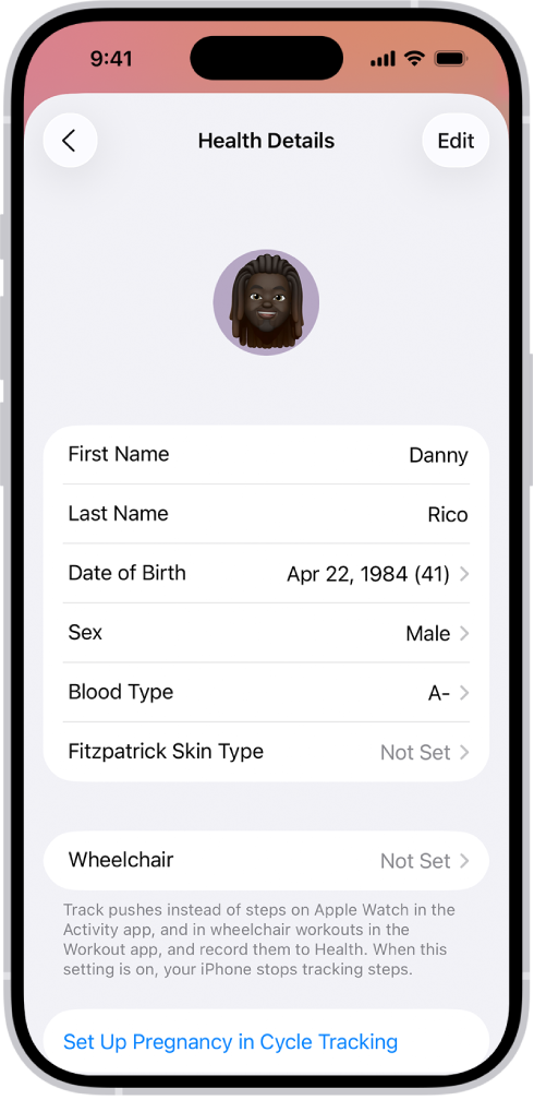 The Health Details screen, which includes fields for name, birth date, blood type, and other information.