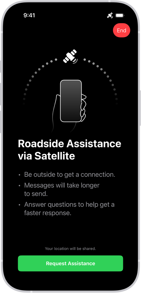 The Roadside Assistance via satellite screen. The Request Assistance button is at the bottom of the screen.