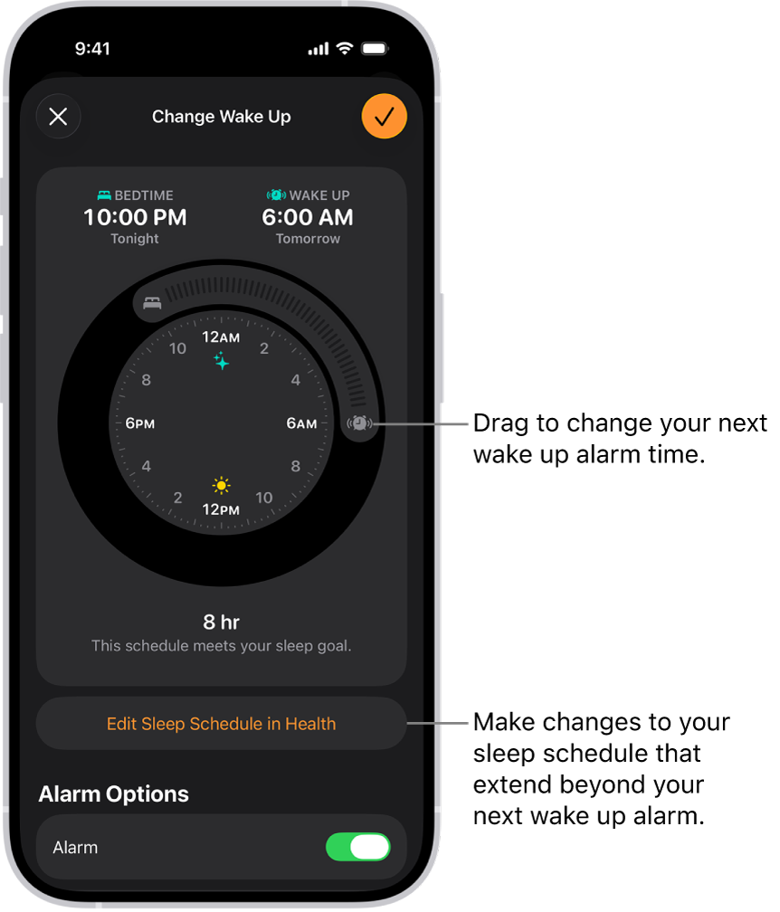 A screen for changing the next wake up alarm. The position of the ringing alarm button sets the time of the alarm.