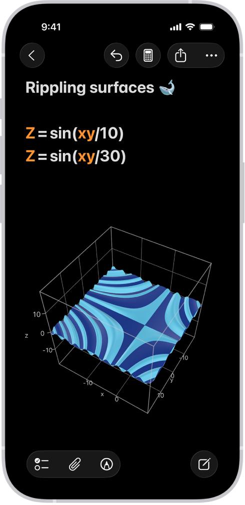 Math Notes in Calculator on iPhone showing two 3-variable equations and their corresponding 3D graphs combined in the same space.