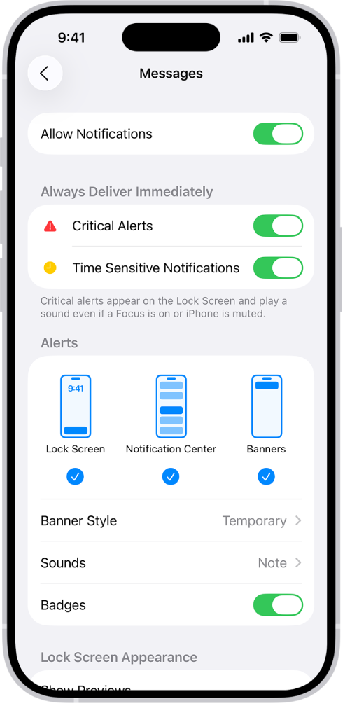 Messages Notification settings in Settings.