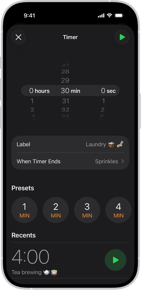 A screen for adding a timer, with settings to set a timer, and a button to start a recently created timer.