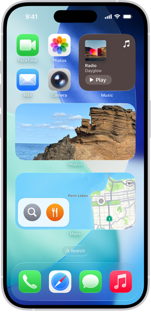 The Photos, Maps, and Music widgets on the iPhone Home Screen. The Music widget displays interactive features.