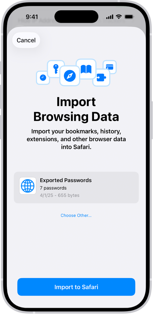 The Import Browsing Data screen, showing the CSV file of passwords from another password manager to be imported.