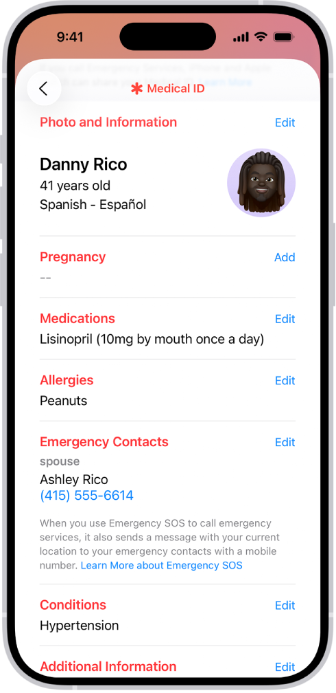 A Medical ID screen containing information including birth date, medications, allergies, emergency contacts, and medical conditions.