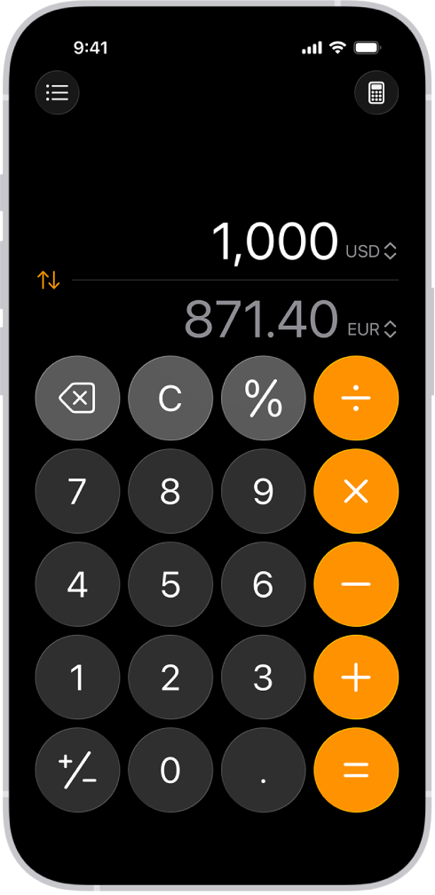 The basic calculator with a currency conversion on iPhone.