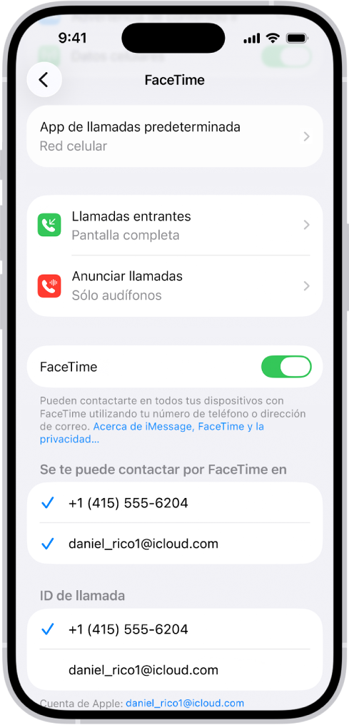 La pantalla de configuración de FaceTime donde se encuentra la opción App de llamadas predeterminadas, el control para activar o desactivar FaceTime y el número telefónico y la dirección de correo electrónico donde se te puede localizar.