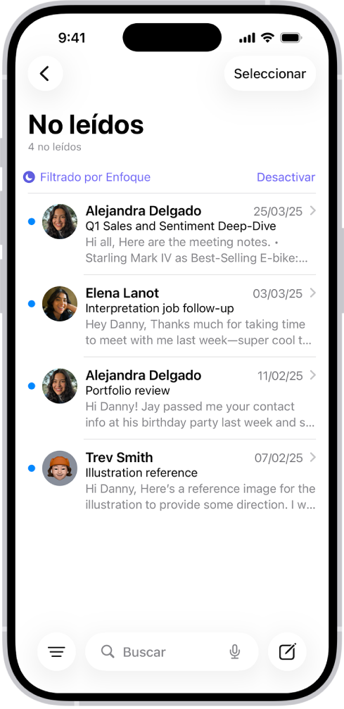 El buzón de entrada mostrando una lista de mensajes de correo. Encima de la lista de correos electrónicos está la etiqueta Filtrado por enfoque, y a la derecha dice Desactivar.