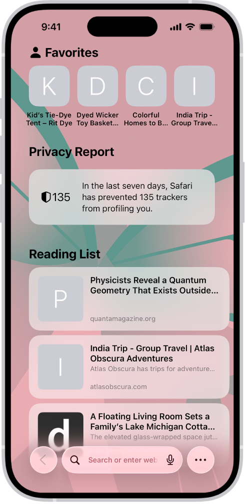 Safarin aloitussivu, jolla näkyvät suosikkiverkkosivustot, yksityisyysraportti ja lukulistaan tallennetut verkkosivustot.