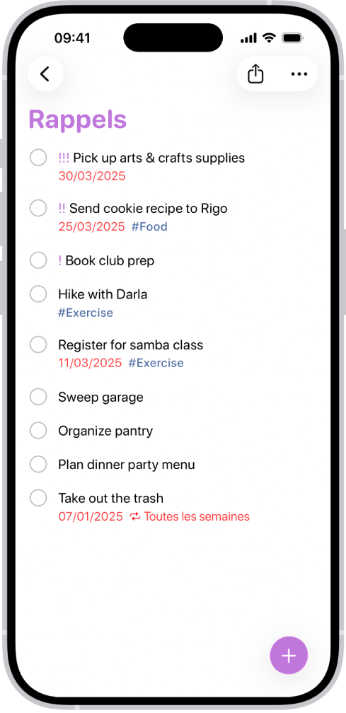 L’app Rappels, avec une nouvelle tâche en cours d’ajout dans la liste Rappels.