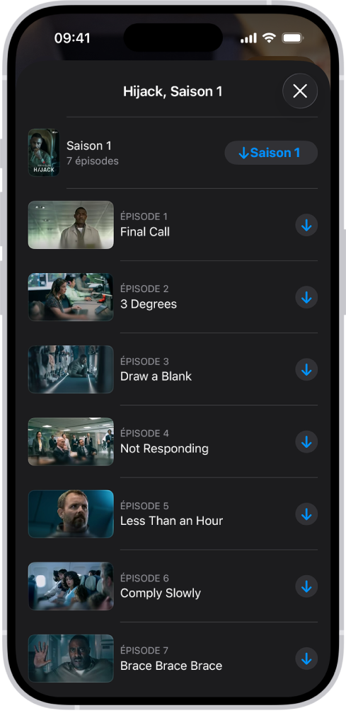 L’onglet Apple TV affichant une liste d’épisodes d’une création Apple Original. Les boutons permettant de télécharger toute la saison et chaque épisode apparaissent sur la droite de l’écran.