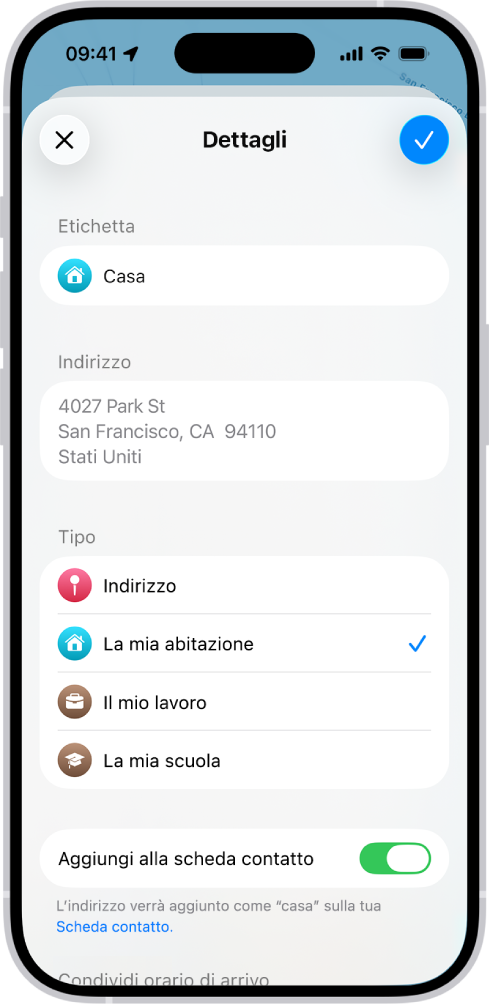 La schermata Dettagli sull’app Mappe, con le diverse opzioni per impostare un indirizzo di casa, del lavoro o della scuola.