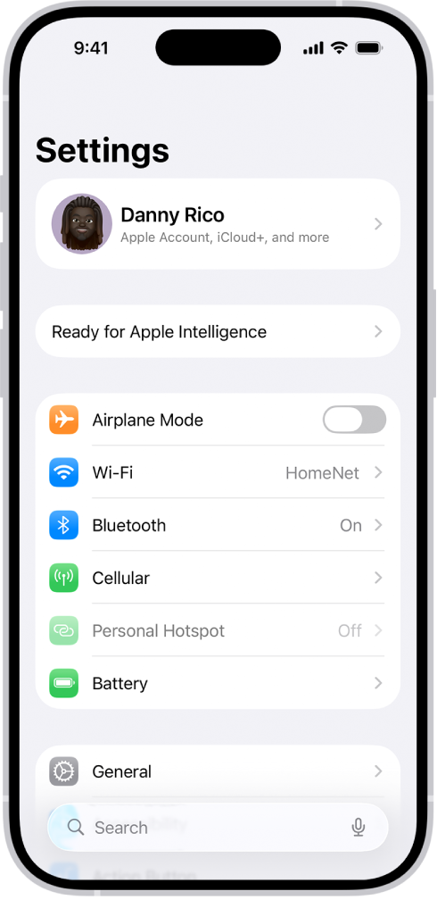 Programos „Nustatymai“ ekrane rodoma, kad „iPhone“ prijungtas prie „Wi-Fi“ tinklo pavadinimu „HomeNet“.