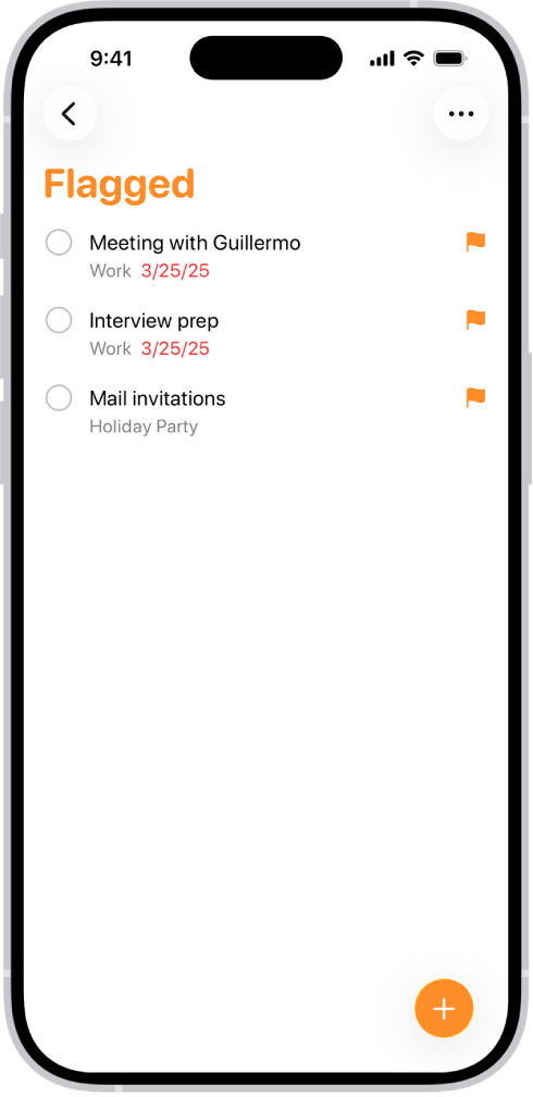 သတိပေးချက်များအားလုံးကို အားလုံးပေါင်းစည်းထားသည့် စာရင်းတစ်ခုထဲသို့ အလံလေးတစ်ခုဖြင့် အမှတ်အသားပြုလုပ်၍ အလိုအလျောက် စုဆောင်းပေးသည့် Reminders အက်ပ်ထဲရှိ Flagged Smart List။
