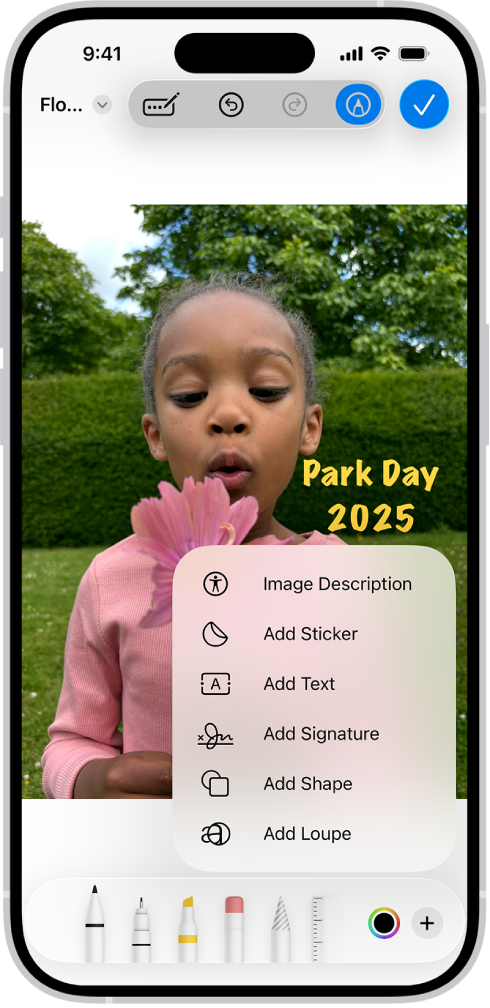 Załącznik PDF w aplikacji Poczta zawierający naklejkę z emoji. Poniżej strony widoczne są narzędzia oznaczania.
