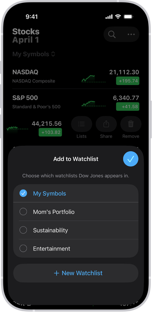 Uma lista de listas de ações personalizadas na aplicação Bolsa: Os meus símbolos, Carteira da mãe, Sustentabilidade e Entretenimento.