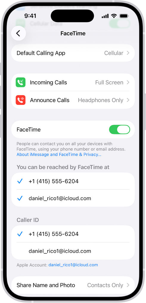 На экране настроек FaceTime отображается параметр «По умолчанию», элемент управления для включения или выключения FaceTime и Аккаунт Apple, используемый для FaceTime.